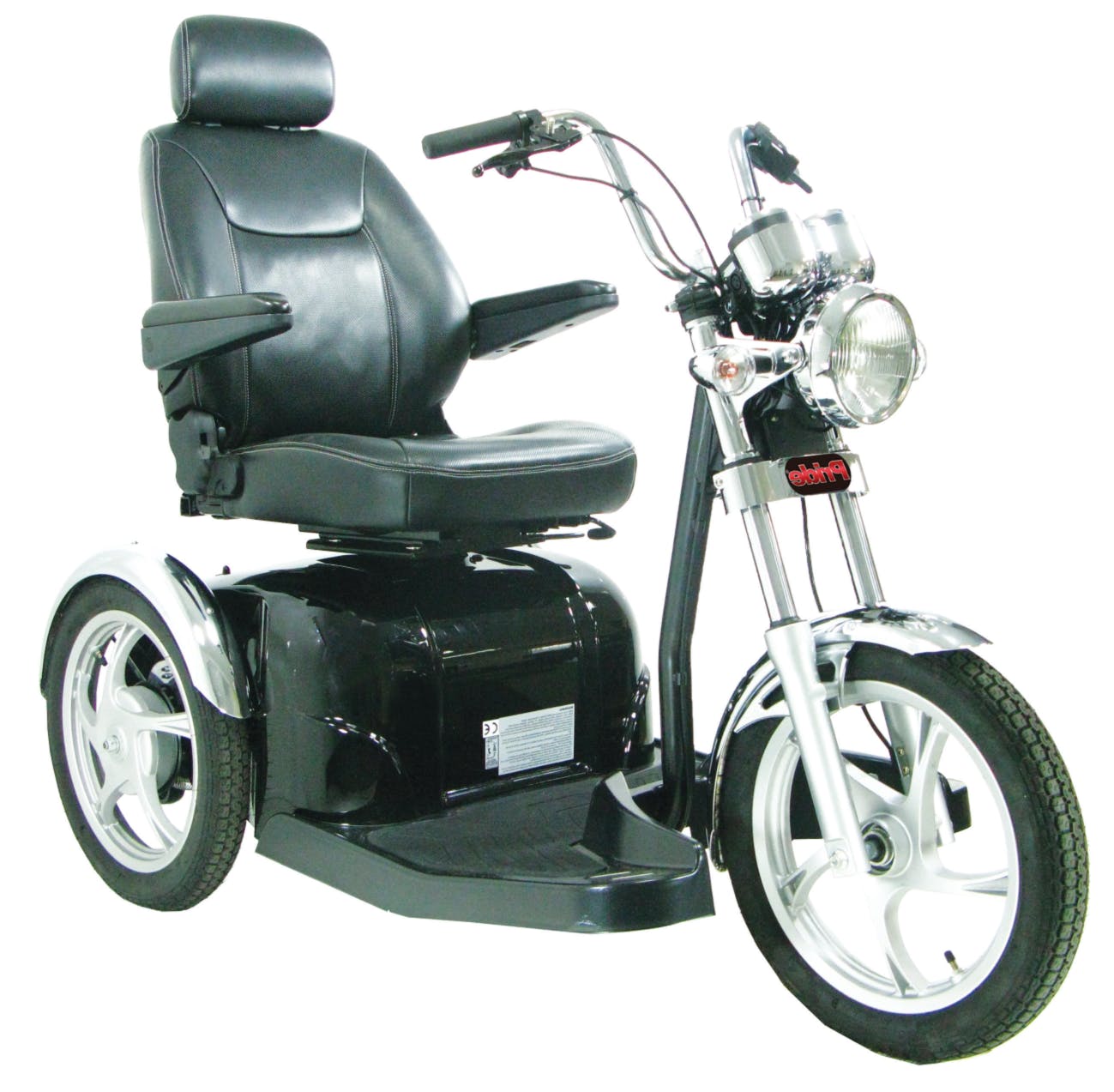 A three-wheeled mobility scooter with a padded seat