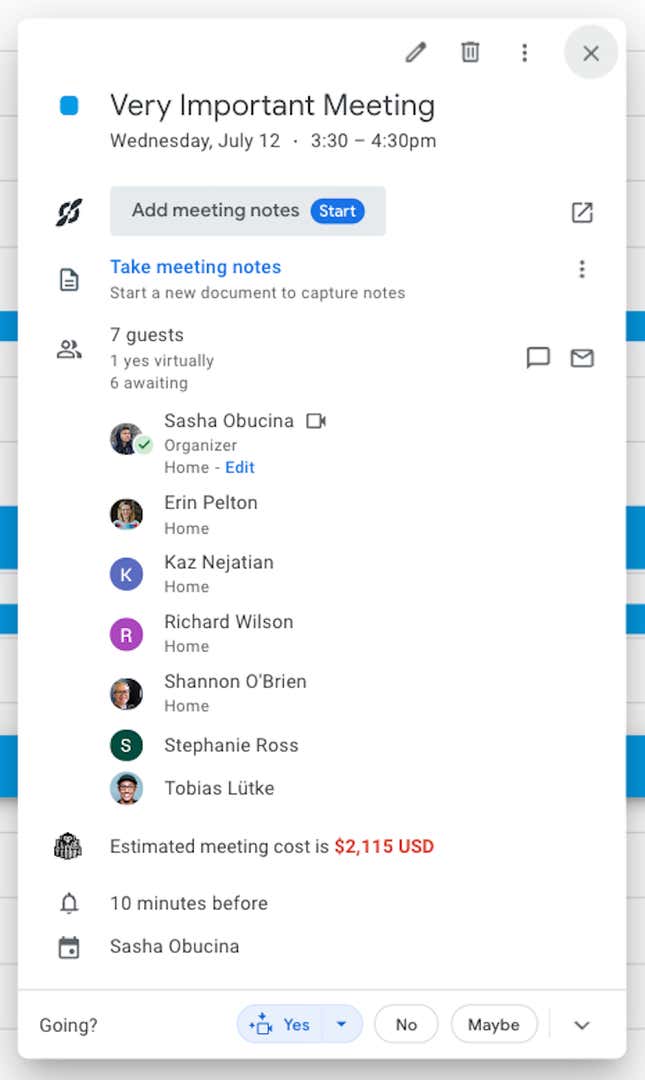 Calendar invite for a one-hour “Very Important Meeting” with 7 guests, showing an estimated meeting cost of $2,115
