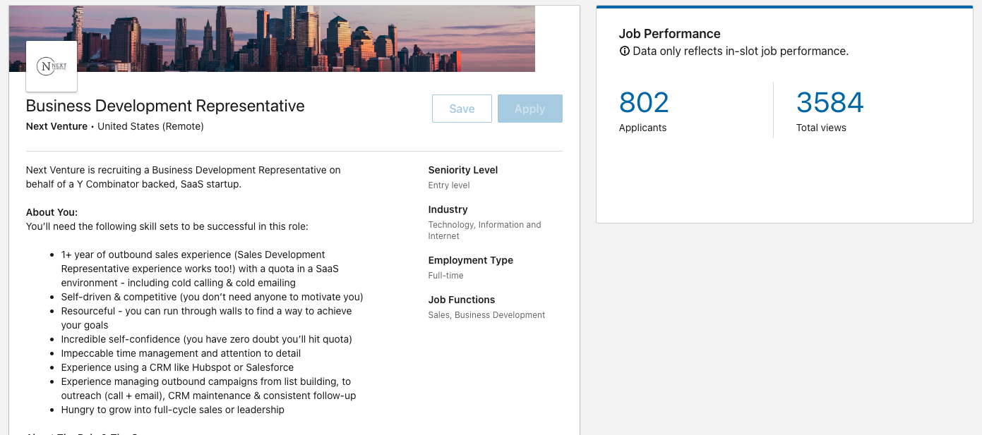 LinkedIn job ad for a Business Development Representative posted by Next Venture, which drew 802 applicants from 3,584 views